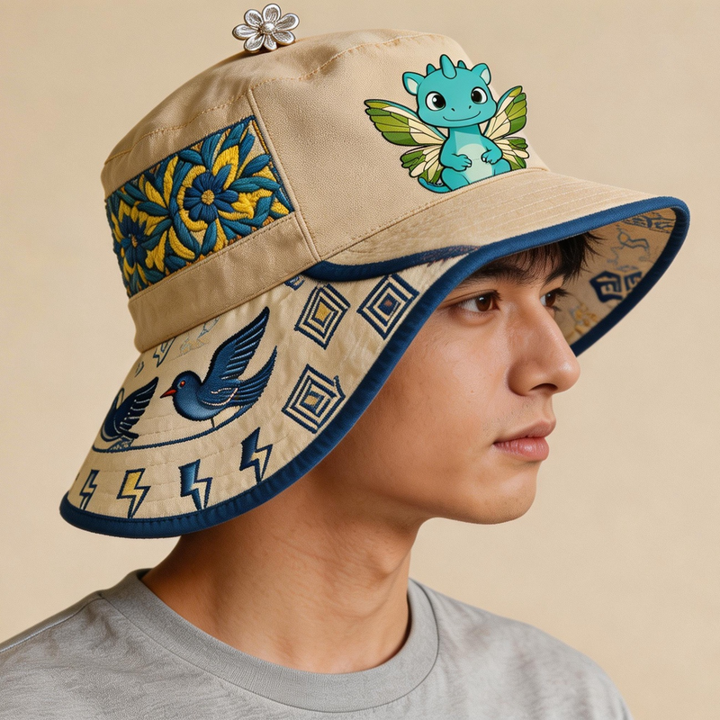卡比嘟苗银花鸟图案渔夫帽